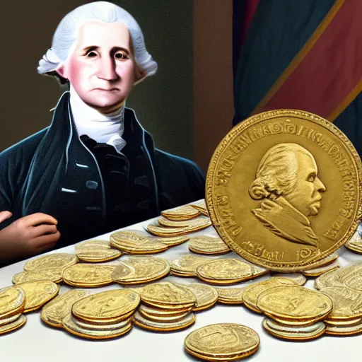 Image similar to a closeup photorealistic photograph of a happy George Washington inspecting small gold Doubloon coins at his home on Cherry Street. This 4K HD image is Trending on Artstation, featured on Behance, well-rendered, extra crisp, features intricate detail and the style of Unreal Engine.