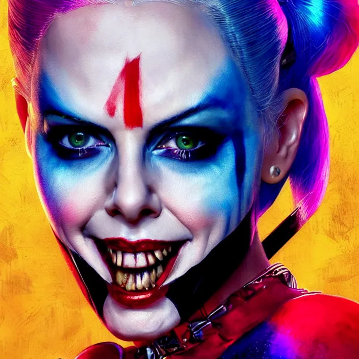 Prompt: portrait of charlize theron as a harley quinn in suicide squad. intricate abstract. intricate artwork. by tooth wu, wlop, beeple, dan mumford. octane render, trending on artstation, greg rutkowski very coherent symmetrical artwork. cinematic, hyper realism, high detail, octane render, 8 k, iridescent accents