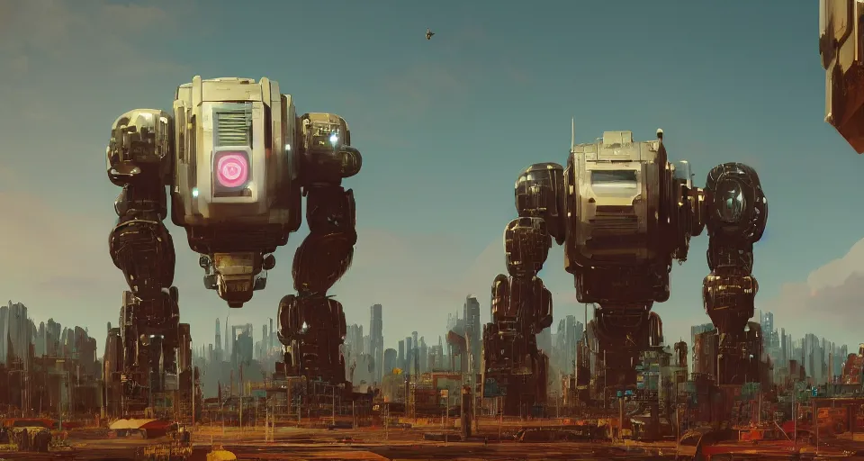 Image similar to GIANT ROBOT GORILLA megastructure looming in the distance, landscape, cinematic, rendered by simon stålenhag, rendered by Beeple, Makoto Shinkai, syd meade, environment concept, digital art, unreal engine, 3 point perspective, WLOP, trending on artstation, low level, 4K UHD image, octane render,