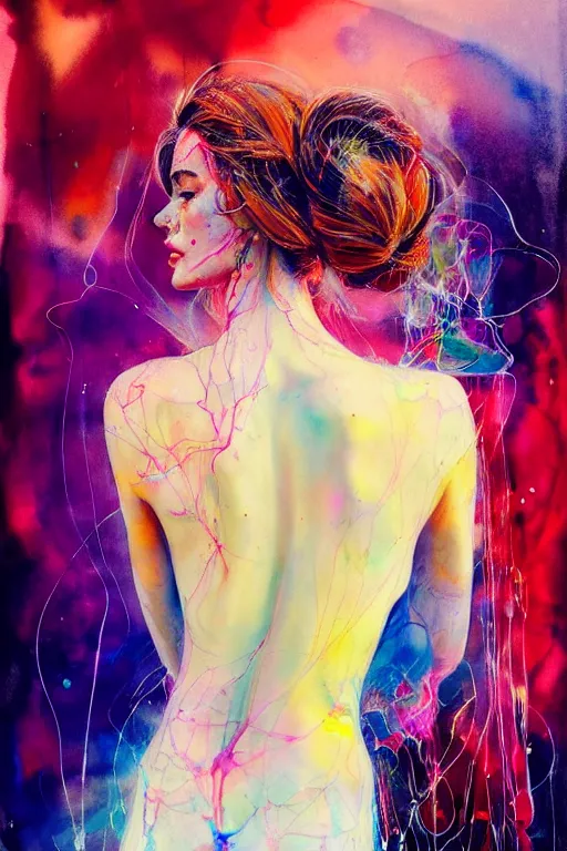 Image similar to sophia vergara by agnes cecile enki bilal moebius, intricated details, 3 / 4 back view, hair styled in a bun, bendover posture, full body portrait, extremely luminous bright design, pastel colours, drips, autumn lights