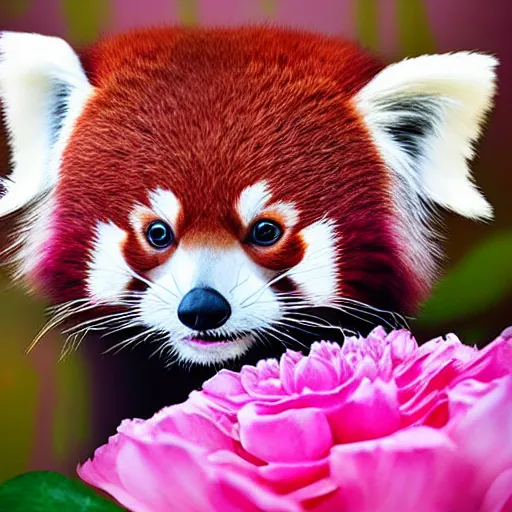 Prompt: cute red panda and pink flowers, digital art, hyperrealistic, warm lighting, lovely