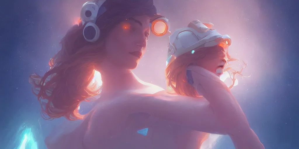 Image similar to dream woman of color astronaut, underwater in the ocean at night, atmospheric, volumetric lighting, glowing lights, 4k, octane, digital painting, artstation, concept art, sharp focus, illustration, art by artgerm and greg rutkowski and alphonse mucha