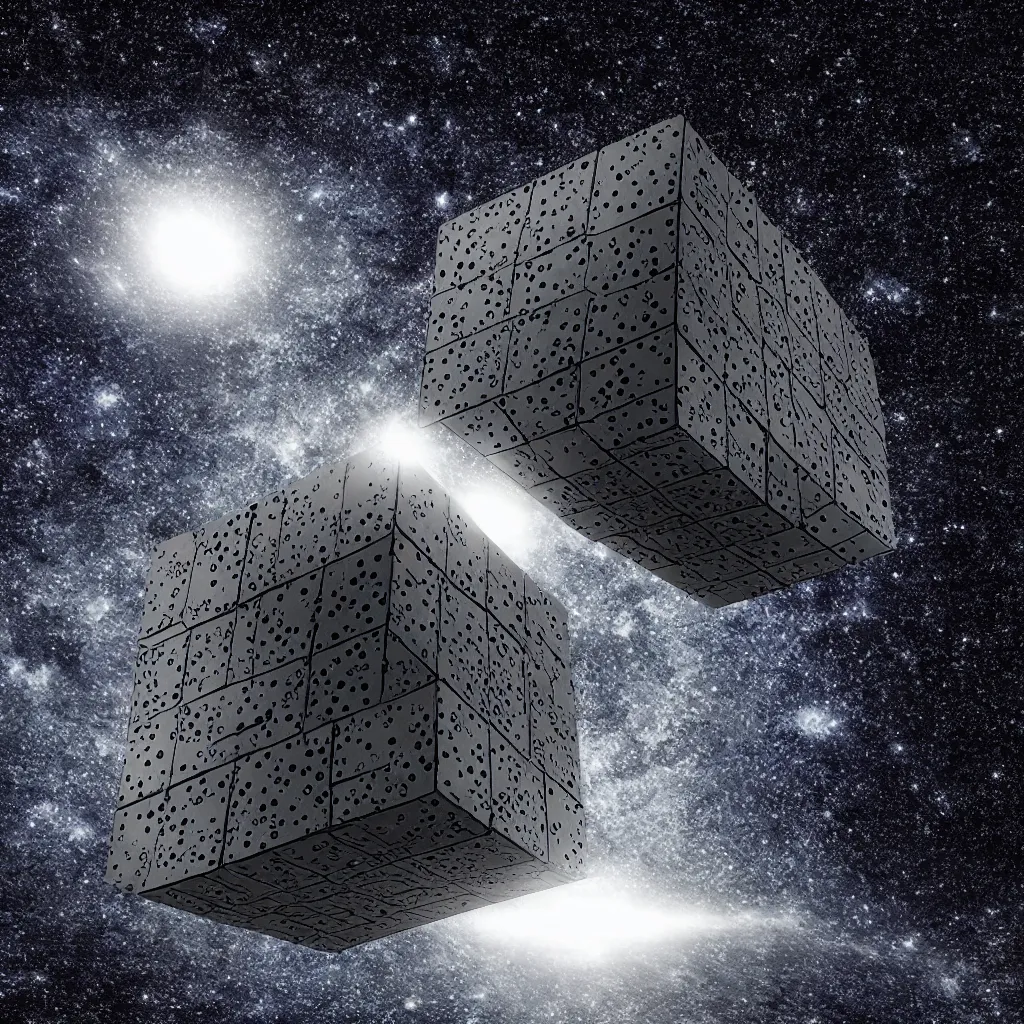 Image similar to borg cube on a black star dotted background, art by mark cooper, 8 k, hyper detailed, hdr, intricate, masterpiece