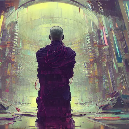 Image similar to highly detailed portrait of a cyberpunk hacker dressed as a buddhist monk in a futuristic buddhist temple by wadim kashin, dark colors, high contrast