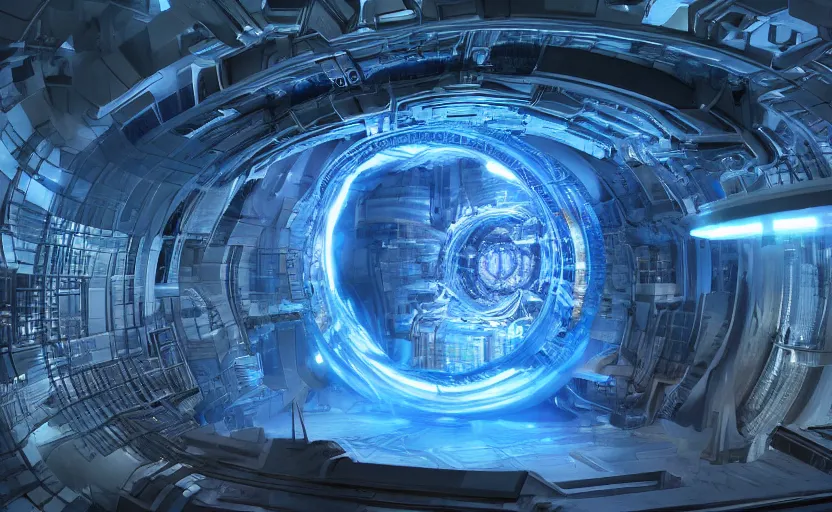 Image similar to giant Plasma fusion reactor power station, torus shape, blue , hyperrealistic mixed media, stunning 3d render inspired art by P. Craig Russell and Barry Windsor-Smith + perfect facial symmetry + dim volumetric lighting, 8k octane beautifully detailed render, post-processing, extremely hyperdetailed, intricate futuristic mechanic parts, epic composition, grim yet sparkling atmosphere, cinematic lighting + masterpiece, trending on artstation