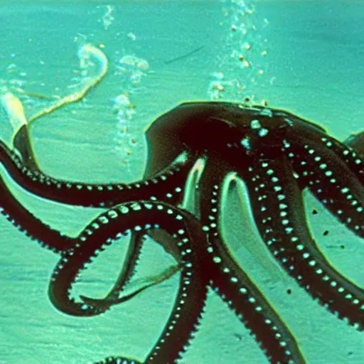 Image similar to 1 9 7 0 s vcr tape underwater rov footage, dark, blurry octopus