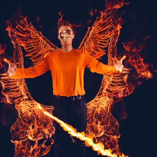 Prompt: photo of a man with flaming black wings and shooting fire out of his hands