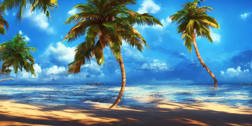 Image similar to the most beautiful tropical island, seashore, flowers, palmtrees, animals, bokeh, godrays, highly detailed, lowbrow, cinematic, artstation