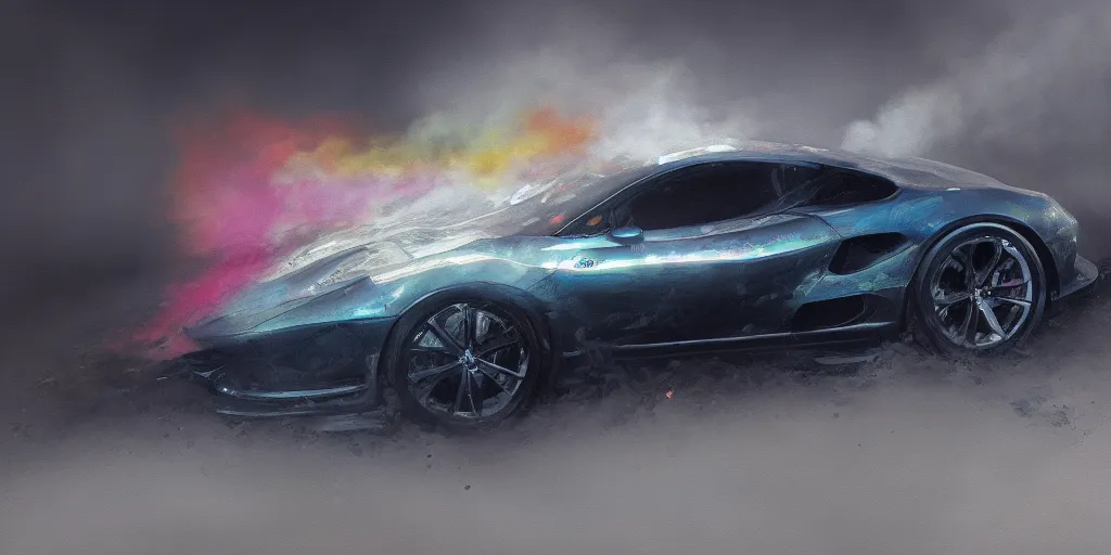 Prompt: full view of a sport car, surrounded in a detailed smoke, wet street, painted in dark color holographic pearlescent, elegant, digital painting, concept art, smooth, sharp focus, art style from Wang Ke and Greg Rutkowski and Bruce Kaiser and Scott Robertson and Dmitry Mazurkevich and Doruk Erdem and Jon Sibal, small style cue from Mad Max