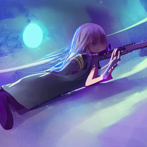 Prompt: advanced digital anime art, WLOP , a small school girl with silver hair wearing a violet dress and bare feet laying on the floor and aiming through a PSG1 sniper rifle, DOF, Gaussian Blur, —H 1080 —W 1920