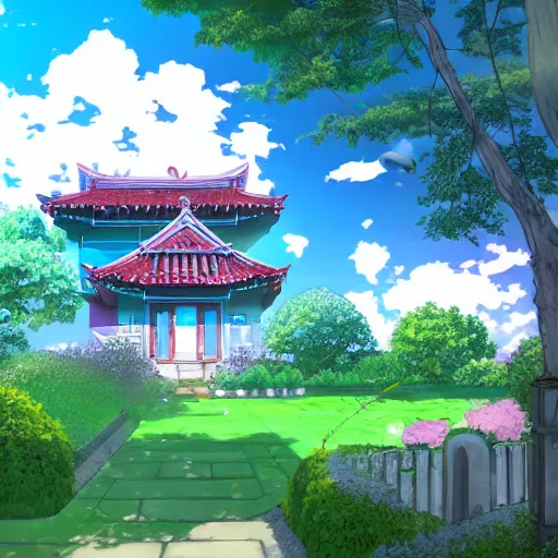 Image similar to a house with a beautiful garden and a blue sky with clouds in anime style, in the style of Lampbo Chun on ArtStation and Son Rice on ArtStation, 4k,