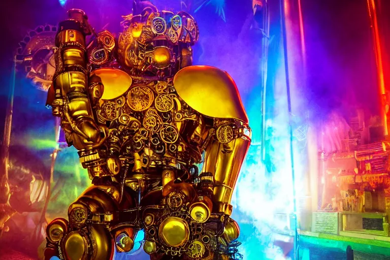 Image similar to scene is la troya party in amnesia in ibiza, portrait photo of a giant huge golden and blue metal steampunk robot, with gears and tubes, eyes are glowing red lightbulbs, shiny crisp finish, 3 d render, 8 k, insaneley detailed, fluorescent colors, haluzinogetic, background is multicolored lasershow