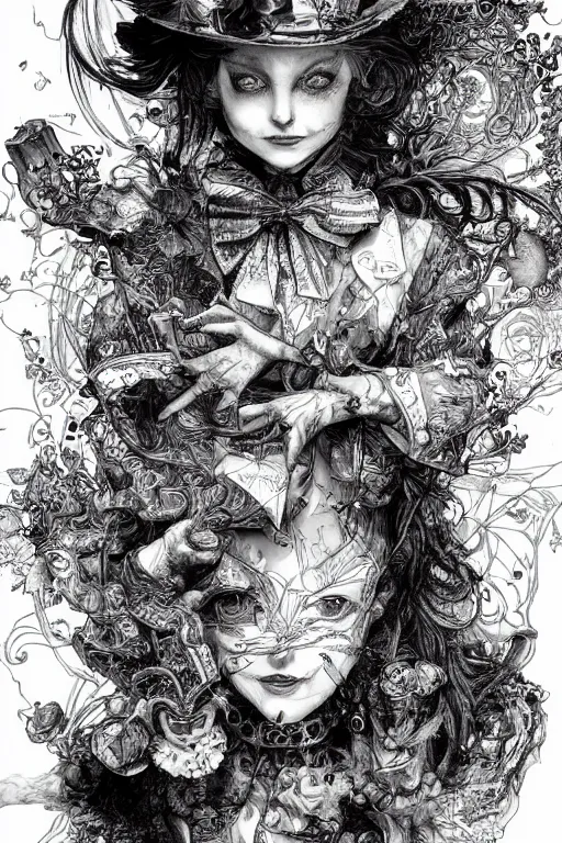 Image similar to We're all mad here Alice, Alice in wonderland, twisted, insanity, pen and ink, intricate line drawings, by Yoshitaka Amano, Ruan Jia, Kentaro Miura, Artgerm, watercolor