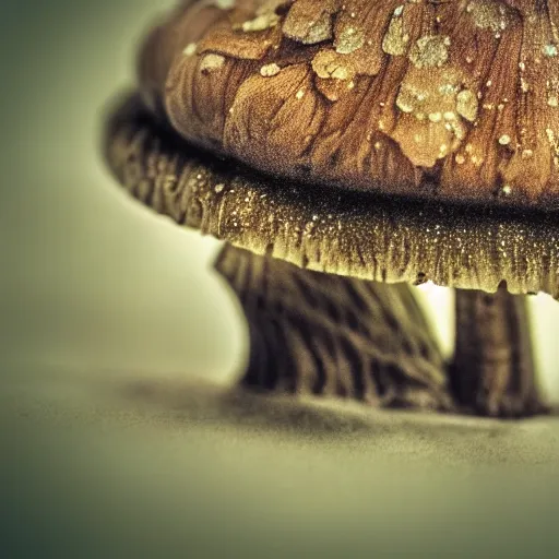 Image similar to macro photo with a mushroom character with cute eyes, drawn in detail