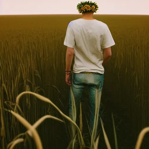 Image similar to kodak portra 4 0 0 photograph of a skinny blonde guy standing in a field of wheat, flower crown, back view, golden ratio, light leak, grain, moody lighting, telephoto, 9 0 s vibe, blurry background, vaporwave colors!, faded!,