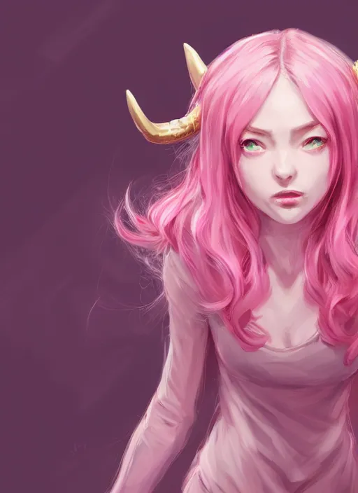 Image similar to a highly detailed illustration of cute smug pink haired pale girl with two curved horns wearing oversized pink hoodie, dramatic smirk pose, intricate, elegant, highly detailed, centered, digital painting, artstation, concept art, smooth, sharp focus, league of legends concept art, wlop.