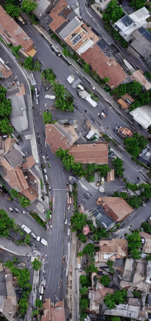 Prompt: photo looking down on a street, rain, 4k, realistic, no people,