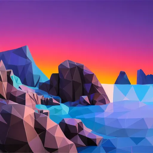 Image similar to super detailed color lowpoly art, northern sunset with rocks on front, monochrome photorealistic bay in the middle of perspective and mountains at background, big graphic vessel, unreal engine, high contrast color palette, 3 d render, lowpoly, colorful, digital art, perspective, full volume composition, robb cobb, robert mccall, syd mead