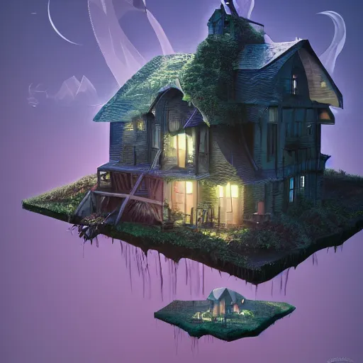 Image similar to floating spooky house in the sky, low poly, isometric art, 3d art, waterfall, high detail, artstation, concept art, behance, ray tracing, smooth, sharp focus, ethereal lighting