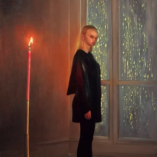 Image similar to a striking hyper real oil painting of Elle Fanning with cybernetics, dark, candle lighting, stars in the sky,