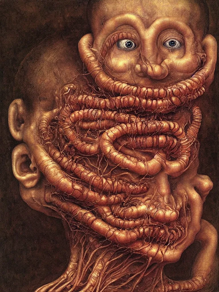 Prompt: a boy made of worms, looking straight into camera, by giuseppe arcimboldo and ambrosius benson, renaissance, a touch of beksinski and hr giger and edward munch, realistic