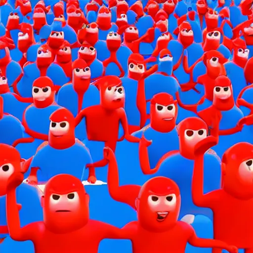 Image similar to a red person inside a giant herd of blue people, pixar graphics quality