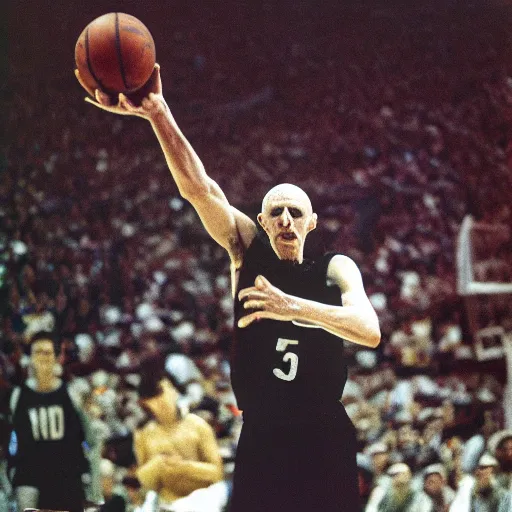 Prompt: portrait of nosferatu playing alone basketball at the nba, sport photography