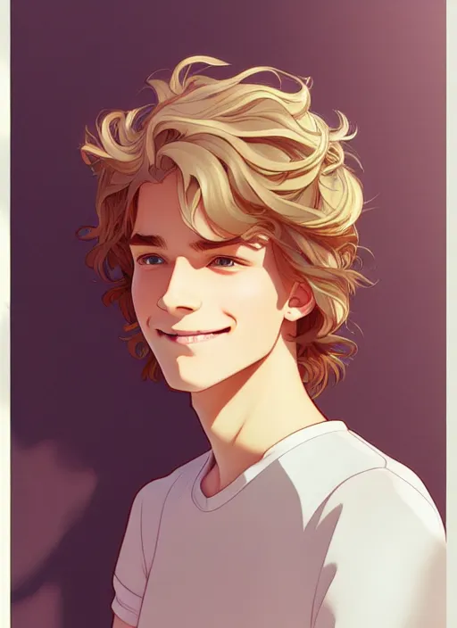 Image similar to young man with medium - length, curly, golden hair, perfectly proportioned face, aquamarine eyes, sweet smile, natural lighting, path traced, highly detailed, high quality, cartoon, digital painting, by new haicheng and studio ghibli and alphonse mucha