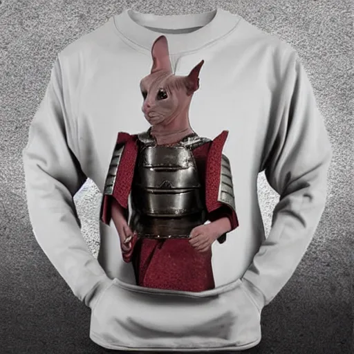 Image similar to samurai armor worn by hairless sphynx cat