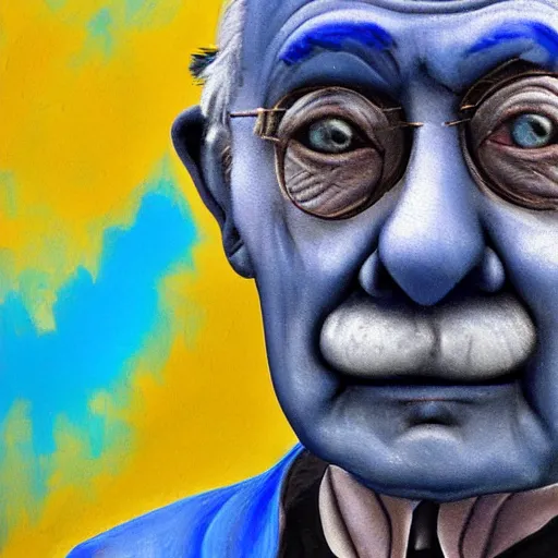 Prompt: an old man with a blue face walking in new york city, real photo, close - up, highly detailed, digital painting, sharp focus