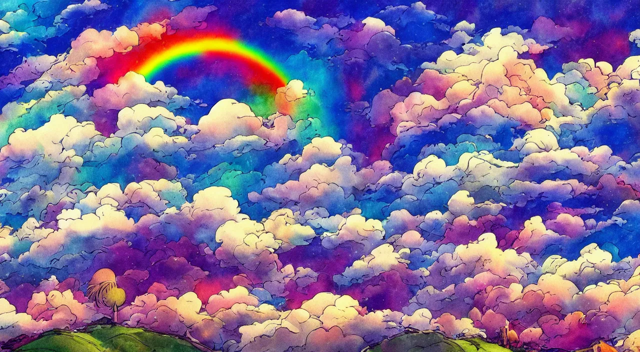 Image similar to A beautiful landscape with wavelike clouds, rainbow flowing clouds, vivid landscape, award-winning anime style, wallpaper, relaxing, bright, Watercolor expressionist, comic book style, manga style