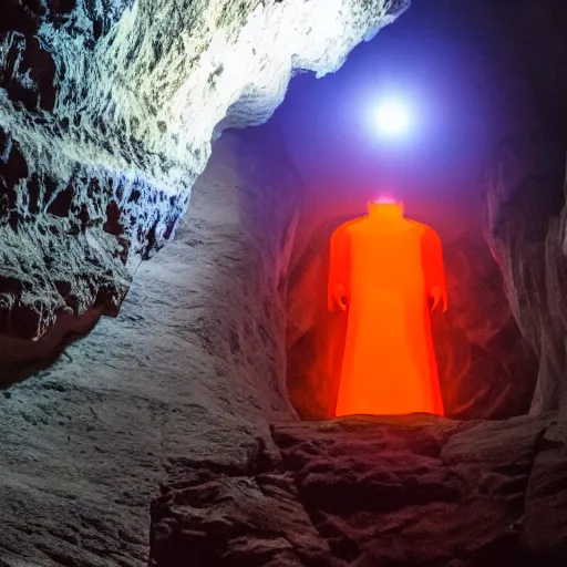 Image similar to photo inside a cave of a building and a giant orange glowing transparent humanoid of one thousand feet of height