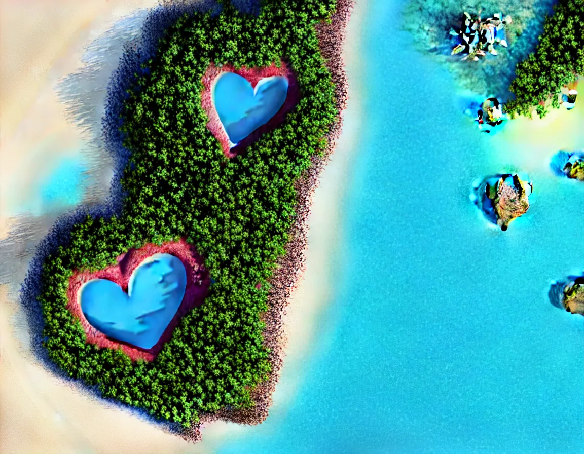 Image similar to closeup shot photo of realistic exotic tree heart / shaped island with blue lagoon and sand beach, sunset lighting