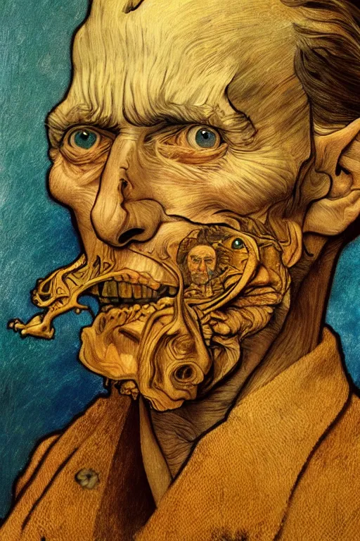 Prompt: realistic detailed portrait of van goh by denis villeneuve, amano, yves tanguy, alphonse mucha, ernst haeckel, max ernst, roger dean, ridley scott, dynamic closeup