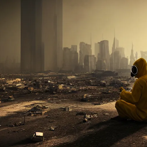 Prompt: a beautiful award-winning photo of the last man on Earth wearing a hazmat suit, sitting and depressed, serene post-nuclear background, a huge nuclear cloud, a mirage of a skyline of a destroyed city, numerous fires, volumetric lighting, haze, very high quality, extremely detailed, subtle visual noise, unreal engine 5, 8K