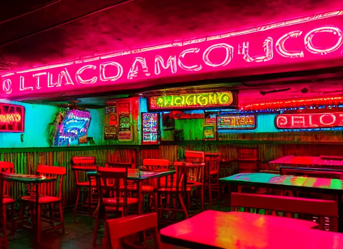 Image similar to photo of a mexican restaurant, neon lights, in a flat snowy field. 35mm. Very detailed 8k. Sharp. Cinematic post-processing. Unreal engine. Nanite. Ray tracing. Parallax. Tessellation