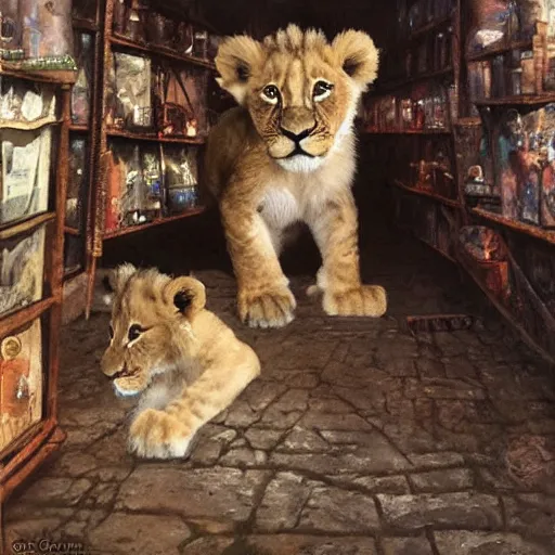 Image similar to adorable lion cub inside of a medieval fantasy pet store, oil painting, by greg rutkowski