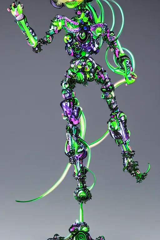 Image similar to a super huge bubbly super detailed anime figurine with fluo color detail, and muted arm colors, that looks like a intricate delicate robot, decorated by plastic synthetic ionized metal flower sculptures