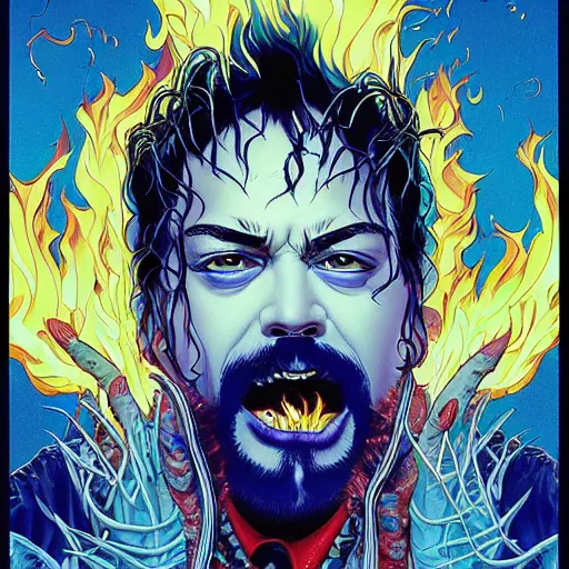 Image similar to portrait of crazy post malone with fire, symmetrical, by yoichi hatakenaka, masamune shirow, josan gonzales and dan mumford, ayami kojima, takato yamamoto, barclay shaw, karol bak, yukito kishiro