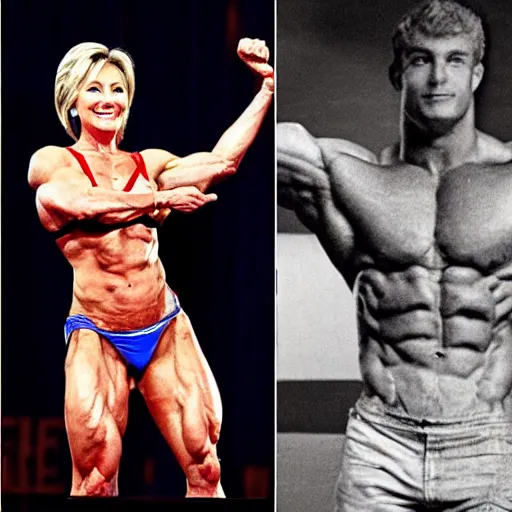 Image similar to an extremely muscular Hillary Clinton, very vascular, steroid use, epic, high detail, high contrast