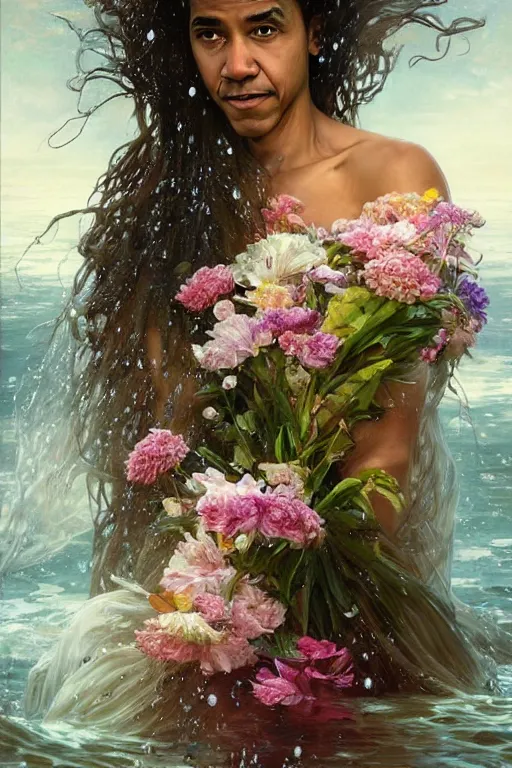 Prompt: portrait of a beautiful barack obama holding a bouquet of flowing flowers, drenched clothing, wet dripping long hair, hands hidden under the bouquet, emerging from the water, fantasy, regal, intricate, by stanley artgerm lau, greg rutkowski, thomas kinkade, alphonse mucha, loish, norman rockwell