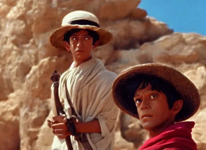 Prompt: a film still of luffy in lawrence of arabia ( 1 9 6 2 ), technicolor