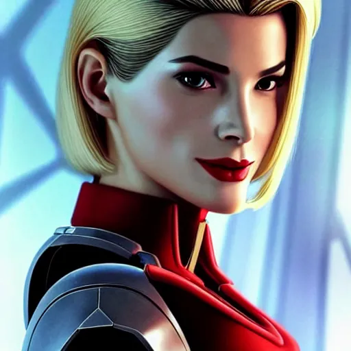 Image similar to A combination of Grace Kelly's and Ada Wong's and Ashley Greene's appearances with blonde hair wearing Forerunner armor from Halo, high tech, action shot, angular, full body portrait, futuristic, dramatic, fantasy, intricate, elegant, highly detailed, artstation, matte, sharp focus, 8K, art by Artgerm and Greg Rutkowski and Alphonse Mucha