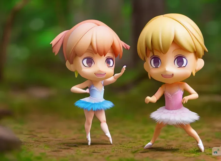 Prompt: blond prima ballerina as nendoroid walking in a forest in the croods movie style, anime, disney, pixar, 8 k, hd, dof, kodak film, volumetric lighting, subsurface scattering, photorealistic, octane render, details