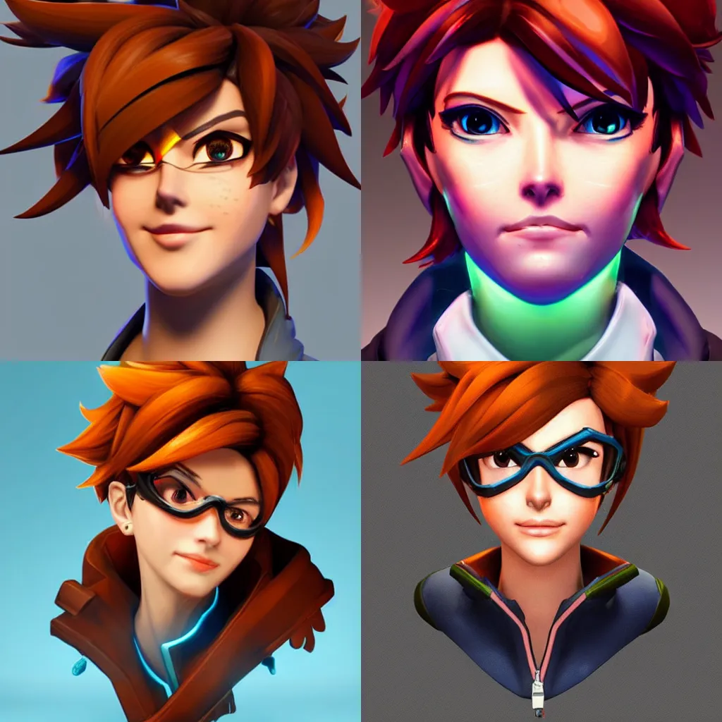 Prompt: a character bust portrait of Tracer from Overwatch, concept art, stylized, colorful, clean, magical lighting, artstation, pinterest