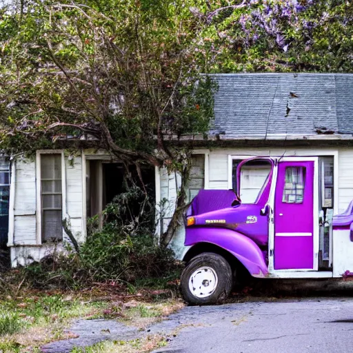 Prompt: run down house with trash in front of it with purple golf cart parked on street.