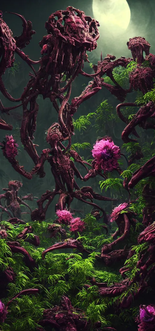 Image similar to mythical ancient life, visceral exoskeletal formations surrounding of aliens flowers and plants, concept art, dramatic contrast photorealistic lighting, surreal, hyper detailed, cycles 3 d render, 8 k