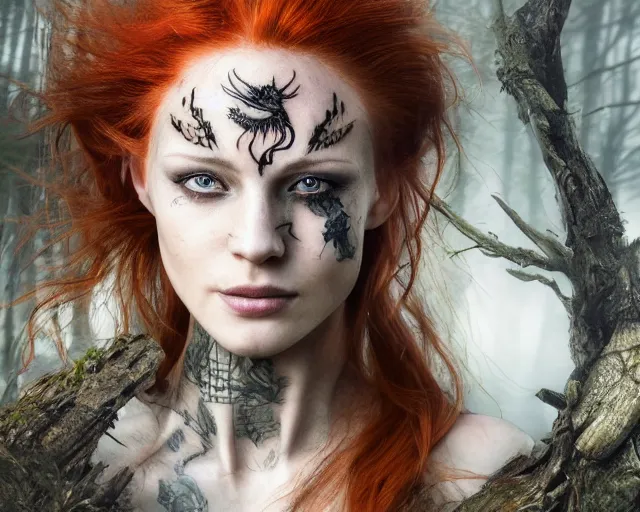 Image similar to 5 5 mm portrait photo of an armored gorgeous anesthetic redhead woman warrior with a face tattoo and wing growing from her head, in a magical forest in the style of stefan kostic, art by luis royo. highly detailed 8 k. intricate. lifelike. soft light. nikon d 8 5 0. cinematic post - processing