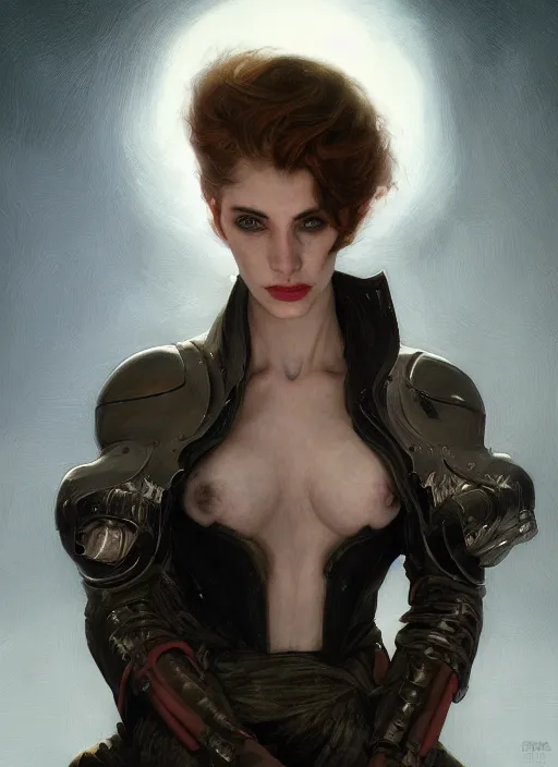 Image similar to portrait demon half human, elegant, wearing a bomber jacket, armor, hyper realistic, whitehorns, extremely detailed, dnd character art portrait, fantasy art,, dramatic lighting, vivid colors, deviant art, artstation, by edgar maxence and caravaggio and michael whelan and delacroix, lois van baarle and bouguereau