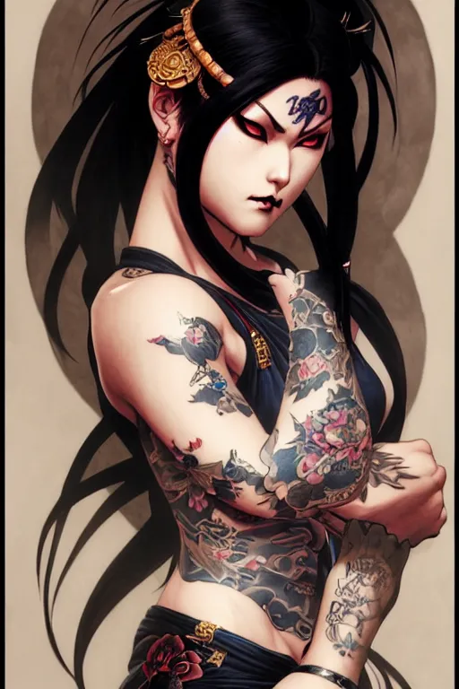 Image similar to portrait of goth Chun Li with yakuza tattoos, Street fighter, intricate, elegant, highly detailed, digital painting, artstation, concept art, smooth, sharp focus, illustration, art by artgerm and greg rutkowski and alphonse mucha